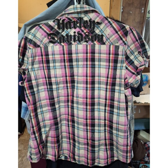 Harley Davidson Button Up Shirt Womens Xl Pink Plaid Embroidered Studded - HD - Picture 4 of 5